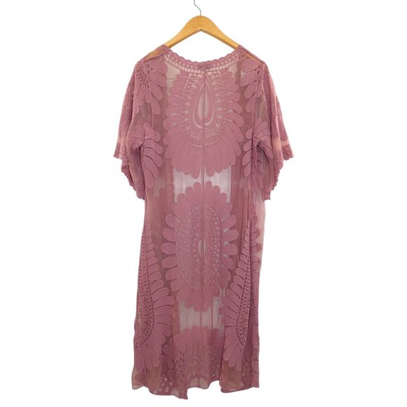 Mauve Boho Sheer Lace Kimono Duster Festival Romantic Beach Cover-Up Size L - Picture 5 of 7